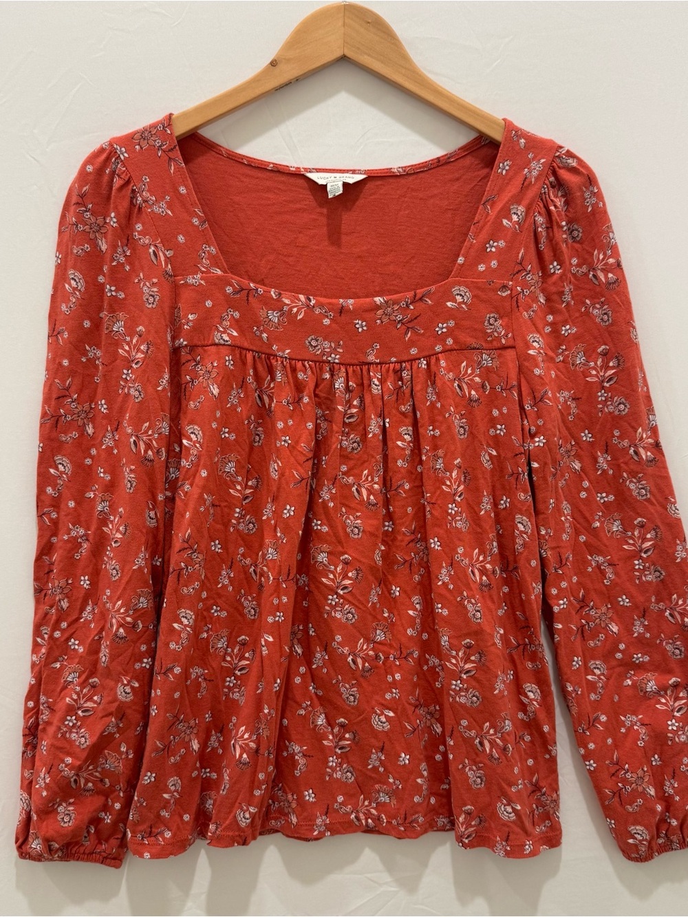 Lucky Brand Women M Rust Orange Floral Square Neck Long Sleeve Empire Peasant